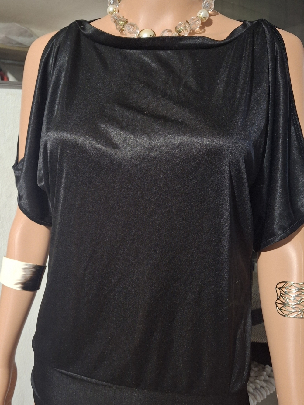 Black Cold-Shoulder Satin Women’s Top